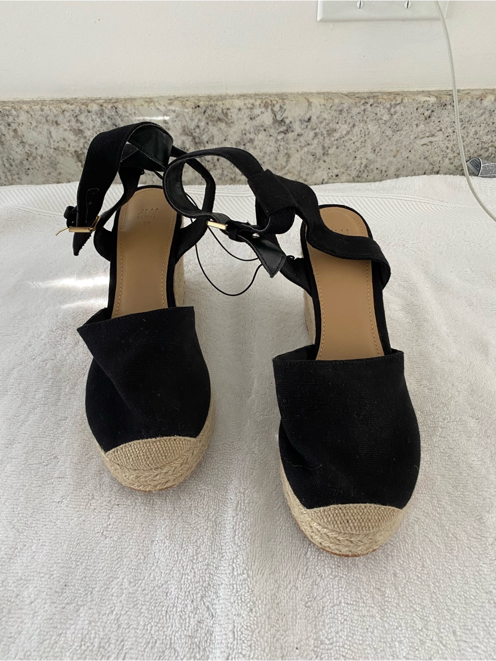 NEW H&M Black Espadrille Wedge Sandals with Ankle Strap SZ 8